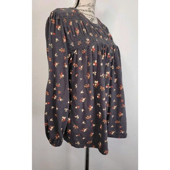 Lucky Brand Babydoll Top SZ Small Gray Floral Bohemian Peasant Long Sleeves - Picture 3 of 10
